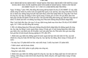 Chỉ thị 89-CT bổ sung định mức nhập khẩu phi mậu dịch hàng hóa Nhà nước không khuyến khích nhập khẩu theo chỉ thị 202-HĐBT