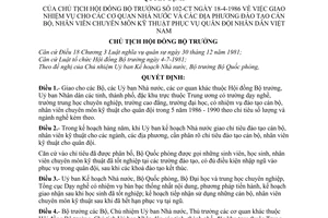 Quyết định 102-CT giao nhiệm vụ cho cơ quan Nhà nước và địa phương đào tạo cán cộ, nhân viên chuyên môn kỹ thuật phục vụ Quân đội nhân dân Việt Nam