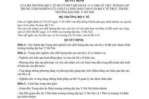 Quyết định 575/BYT/QĐ  thành lập Trung tâm nghiên cứu chất lượng đào tạo cán bộ y tế thuộc trường đại học Y Hà Nội