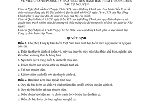Quyết định 179-TC/QĐ/BH cho phép công ty Bảo việt tiến hành bảo hiểm theo nguyên tắc tự nguyện