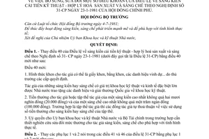 Quyết định 92-HĐBT sáng kiến cải tiến kỹ thuật,hợp lý hoá sản xuất và sáng chế sửa đổi nghị định 31-CP