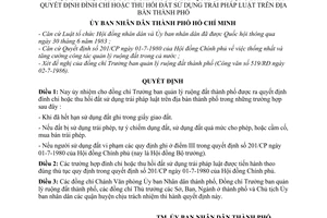 Quyết định 103/QĐ-UB ủy nhiệm đồng chí Trưởng ban quản lý ruộng đất thành phố ra quyết định đình chỉ,thu hồi đất sử dụng trái pháp luật