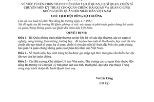 Quyết định 262-CT tuyển chọn thanh niên đào tạo sĩ quan, hạ sĩ quan, chiến sĩ chuyên môn kỹ thuật cho quân chủng hải quân và quân chủng không quân