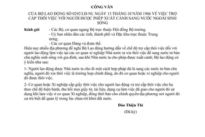 Công văn 0292/LĐ-NL trợ cấp thôi việc người được phép xuất cảnh sang nước ngoài sinh sống
