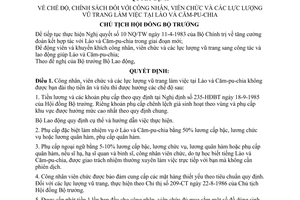 Quyết định 278-CT chế độ, chính sách công nhân, viên chức và lực lượng vũ trang làm việc tại Lào và Campuchia