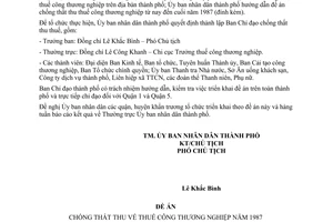 Công văn 3515/CV-UB thực hiện đề án chống thất thu thuế công thương nghiệp 1987