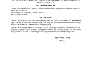 Quyết định  772 - BYT/QĐ  cấm nhập khẩu, lưu hành, sử dụng trong cả nước loại thuốc NEWPHARVIT CYPRO