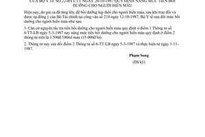 Thông tư 22-BYT/TT quy định nâng mức tiền bồi dưỡng người hiến máu