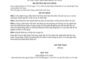 Quyết định 325-TC/BH  thực hiện bảo hiểm vật nuôi