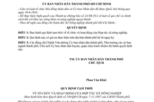 Quyết định 240/QĐ-UB qui định tạm thời  tổ chức  hoạt động Hợp tác xã nông nghiệp