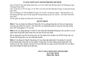 Quyết định 288/QĐ-UB ủy nhiệm cho đồng chí Giám đốc Sở Lao động thông báo chỉ tiêu lên lương sớm theo quy định năm 1987