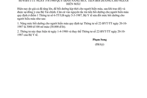 Thông tư 8-BYT/TT quy định nâng mức tiền bồi dưỡng người hiến máu