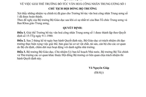 Quyết định  214-CT giải thể Trường bổ túc Văn hoá công nhân Trung ương số 1