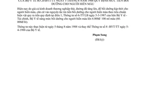 Thông tư 20-BYT/TT quy định mức tiền bồi dưỡng người hiến máu