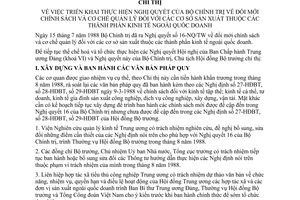 Chỉ thị 234-CT triển khai thực hiện nghị quyết Bộ Chính trị đổi mới chính sách cơ chế quản lý cơ sở sản xuất thành phần kinh tế ngoài quốc doanh