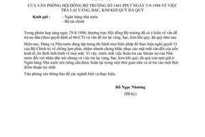 Công văn 1441-PPLT trả lại vàng, bạc, kim khí quý, đá quý