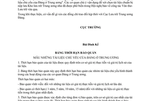 Công văn 160/CV-LT Bảng thời hạn bảo quản mẫu tài liệu chủ yếu của Đảng