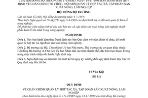 Nghị định 171-HĐBT bản quy định về chấn chỉnh tổ chức, đổi mới quản lý hợp tác xã, tập đoàn sản xuất nông, lâm nghiệp