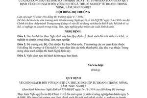 Nghị định 170-HĐBT bản quy định về chính sách kinh tế cá thể, xí nghiệp tư doanh trong nông, lâm, ngư nghiệp