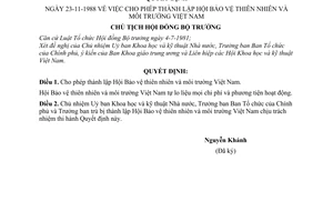 Quyết định  299-CT cho phép thành lập Hội Bảo vệ thiên nhiên và môi trường việt nam