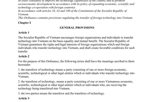 Ordinance No. 10-LCT/HDNN8, on the transfer of foreign technology into Vietnam, promulgated by the National Council