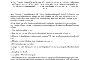 Công văn 268-BH/88 hướng dẫn tạm thời thực hiện bảo hiểm trách nhiệm dân sự của xí nghiệp có vốn nước ngoài với người lao động Việt Nam