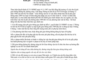 Công văn 1400/UB-CN thu lệ phí giao thông đường bộ, đường sông 1989 trên địa bàn thành phố Hồ Chí Minh