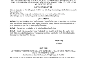 Quyết định  217-BYT/QĐ  Quy chế tổ chức hoạt động bệnh viện, nhà hộ sinh, phòng khám bệnh, phòng xét nghiệm, phòng thăm dò chức năng dịch vụ y tế tư