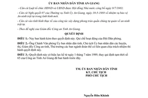 Quyết định 145/QĐ-UB năm 1989 qui chế hoạt động của Đội Dân phòng An Giang