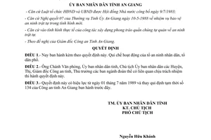 Quyết định 143/QĐ-UB năm 1989 Quy chế hoạt động Tổ An ninh Nhân dân Tổ Dân phố An Giang