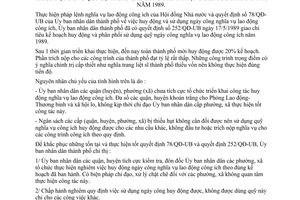 Chỉ thị 24/CT-UB đẩy nhanh tiến độ huy động nghĩa vụ lao động công ích trích nộp đúng quy định công trình trọng điểm thành phố Hồ Chí Minh năm 1989
