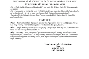 Quyết định  483/QĐ-UB  "Quy chế tổ chức và hoạt động của Phòng Lao động-Thương binh và xã  hội  thuộc Ủy ban nhân dân quận, huyện”