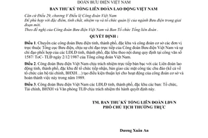 Quyết định  480/QĐ-TLĐ  phân cấp chỉ đạo trực tiếp các cơ sở trong ngành cho công đoàn bưu điện Việt Nam