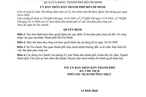 Quyết định  616/QĐ-UB thu đảm phụ công ích đối với vàng nhập vào qua cửa khẩu Thành phố Hồ Chí Minh