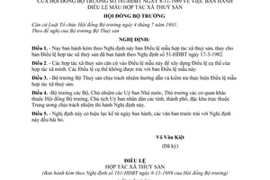 Nghị định 181-HĐBT Điều lệ mẫu hợp tác xã thuỷ sản