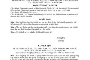 Quyết định 210A-TC/VP  quy định tiền thuê mặt đất, mặt nước, mặt biển đối với xí nghiệp có vốn đầu tư nước ngoài tại Việt Nam