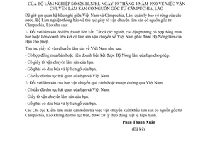 Thông báo 626-BLN/KL vận chuyển lâm sản nguồn gốc Campuchia, Lào