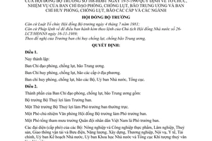 Nghị định 168-HĐBT quy định tổ chức, nhiệm vụ của Ban chỉ đạo phòng chống lụt bão Trung ương và Ban chỉ huy phòng chống lụt bão các cấp các ngành