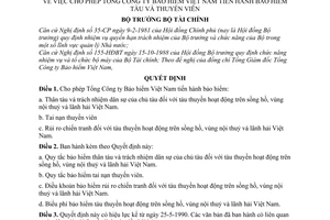 Quyết định 254-TC/QĐ-BH  cho phép Tổng công ty Bảo hiểm Việt Nam tiến hành bảo hiểm tàu và thuyền viên