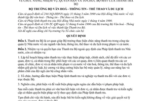 Quyết định  599-QĐ chức năng, nhiệm vụ, quyền hạn và tổ chức bộ máy của Thanh tra Bộ