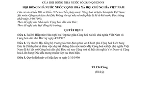 Nghị quyết 285/NQ-HĐNN8 bãi bỏ Hiệp ước hữu nghị và hợp tác giữa Cộng Hoà xã hội chủ nghĩa Việt Nam và Cộng hoà dân chủ Đức