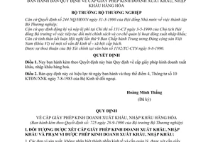 Quyết định  725-TN/XNK  bản quy định về cấp giấy phép kinh doanh xuất khẩu, nhập khẩu hàng hoá