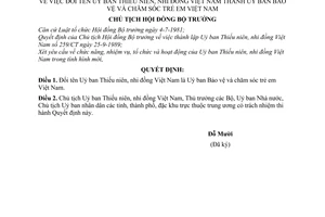 Quyết định  329/CT  đổi tên Uỷ ban Thiếu niên, nhi đồng Việt Nam thành Uỷ ban Bảo vệ và chăm sóc trẻ em Việt Nam
