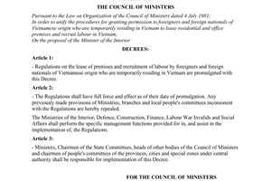 Decree No. 389-HDBT of November 10, 1990, on lease of premises by foreigners and recruitment of labour by foreigners.