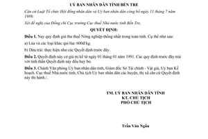 Quyết định 969/QĐ-UB năm 1990 giá thu thuế nông nghiệp Bến Tre