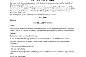 Decree No. 49-HDBT of March 04, 1991, on the transfer of foreign technology into Vietnam.