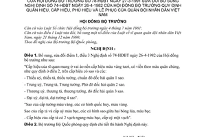 Nghị định 78-HĐBT quy định quân hiệu, cấp hiệu, phù hiệu và lễ phục của Quân đội nhân dân Việt Nam để bổ sung  NĐ 74-HĐBT