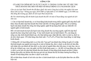 Công văn 718-TC/TCT thu thuế doanh thu hoạt động của ngành du lịch