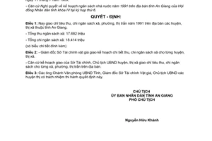 Quyết định 111/QĐ.UB giao chỉ tiêu thu chi ngân sách xã phường thị trấn năm 1991 An Giang