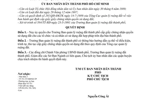 Quyết định 225/QĐ-UB ủy quyền Trưởng Ban quản lý ruộng đất thành phố cấp giấy chứng nhận quyền sử dụng đất